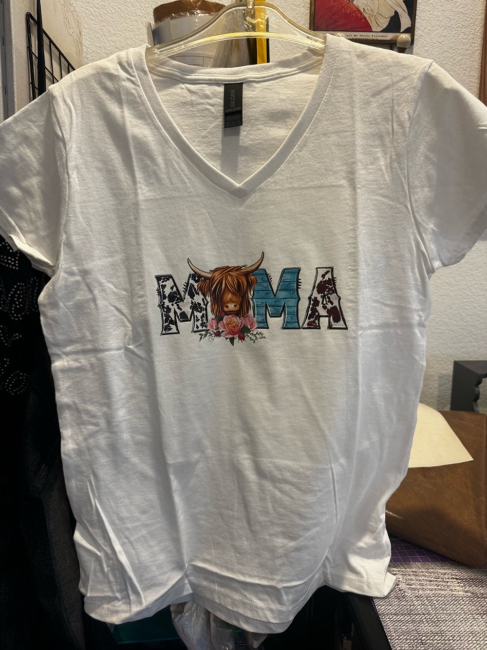 Gildan White V-Neck Tee with Colorful 'MAMA' Graphic